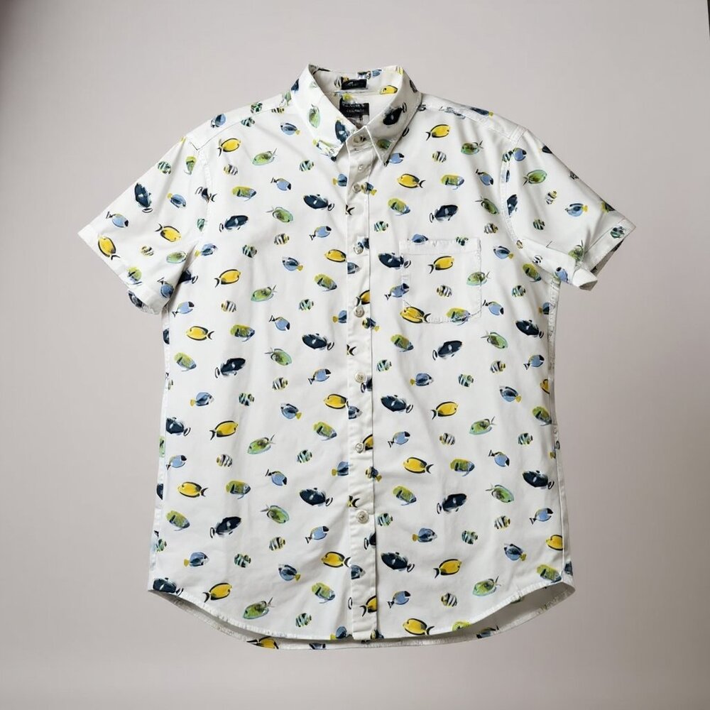 J.Crew Hawaiian Multi fish on white Short sleeve Slim Men Shirt Size Large